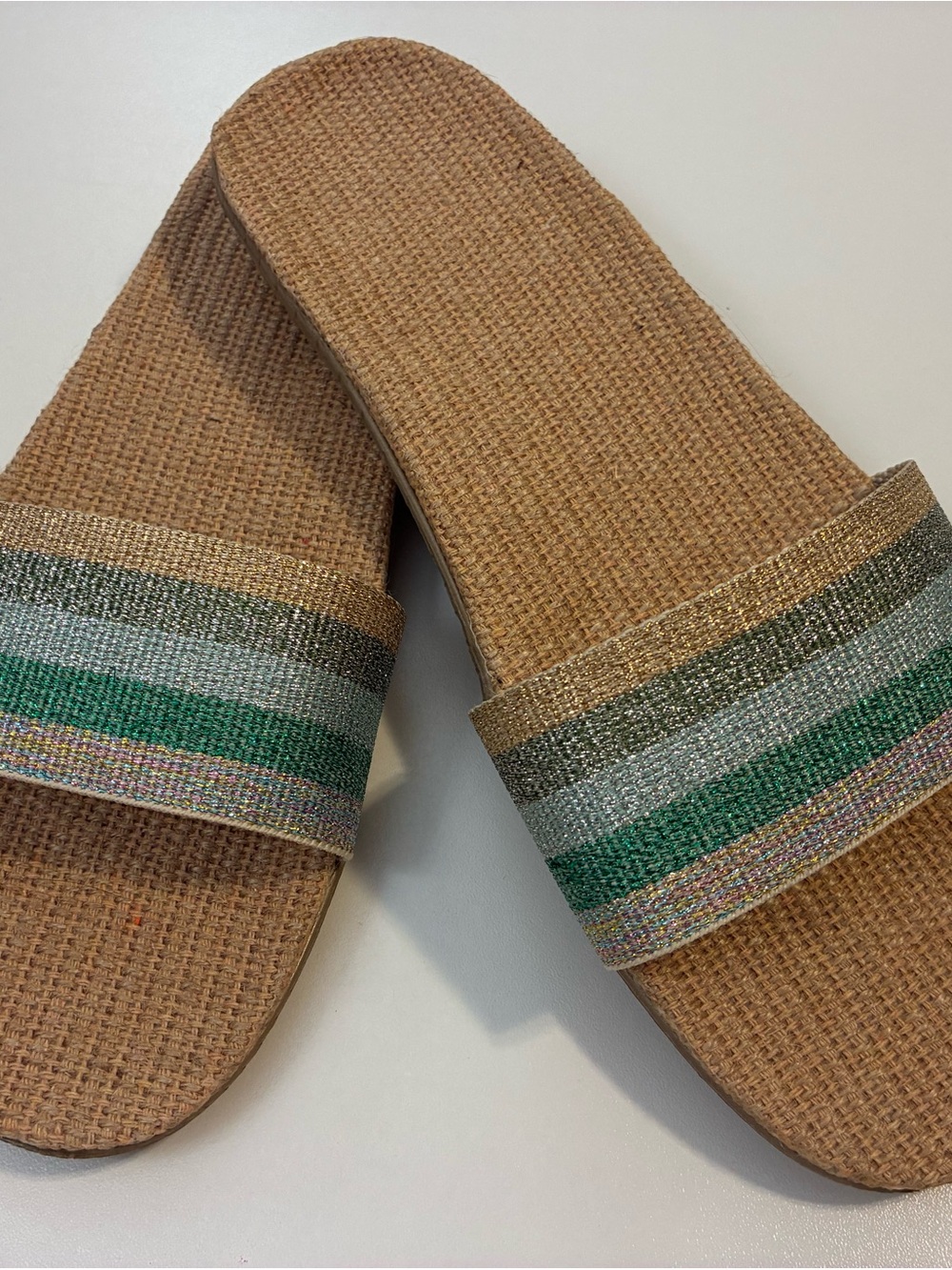Woven Slide Sandals in Tan, Green, Silver